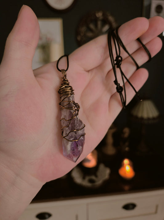 Brazilian Ameythyst Raw Wire Wrap Pendant Necklace Amulet